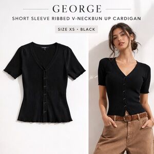 George Black Ribbed Button Front Cardigan XS Short Sleeve V-Neck Fitted